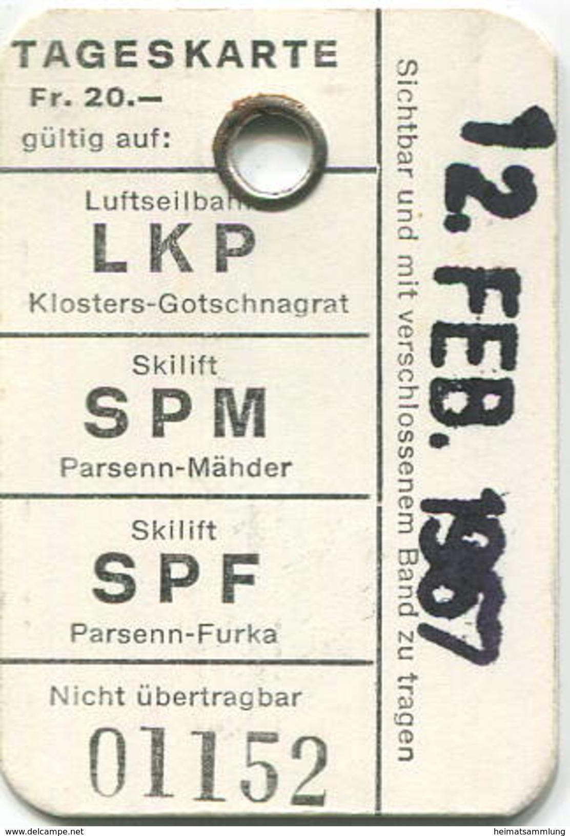 Schweiz - Tageskarte - Luftseilbahn - Skilift - LKP SPM SPF 1967 - Europe