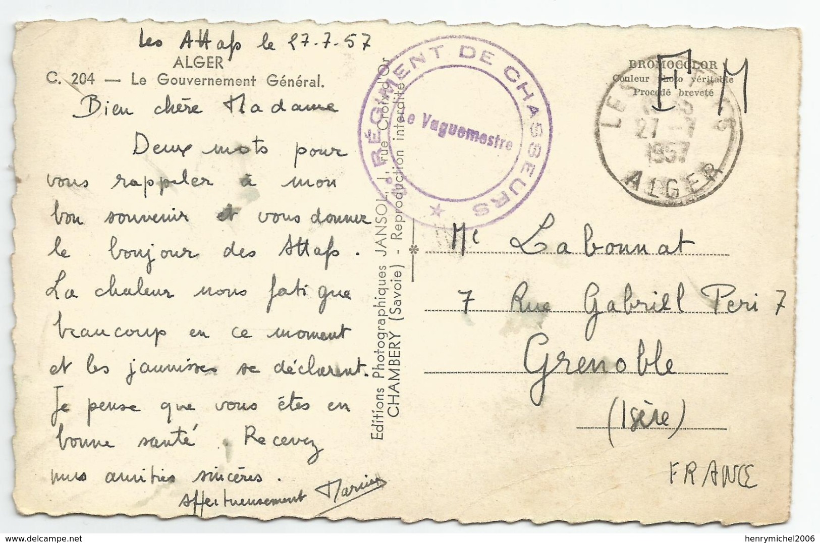 Marcophilie - Alger Cachet 8 E Régiment De Chasseurs 1957 En Fm Algérie - Guerra D'Algeria