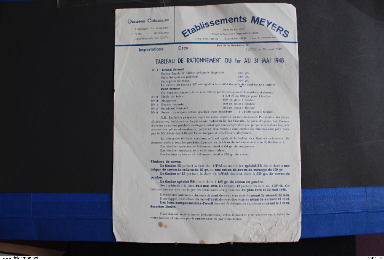 Fac-103 / Liège,Etablissements  Meyers. Denrées Coloniales - Rue De La Boucherie,17-Tableau De Rationnement - Mai 1948 - Alimentaire