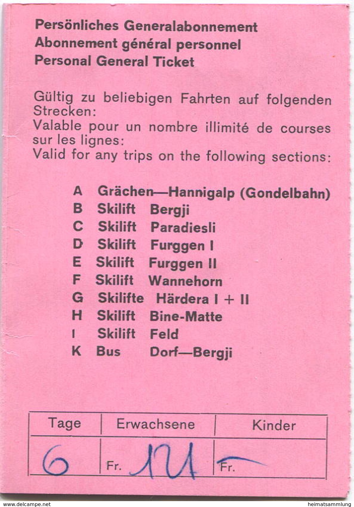 Schweiz - Grächen - Skilifte Und Gondelbahn - Abonnement 1980 - Europa