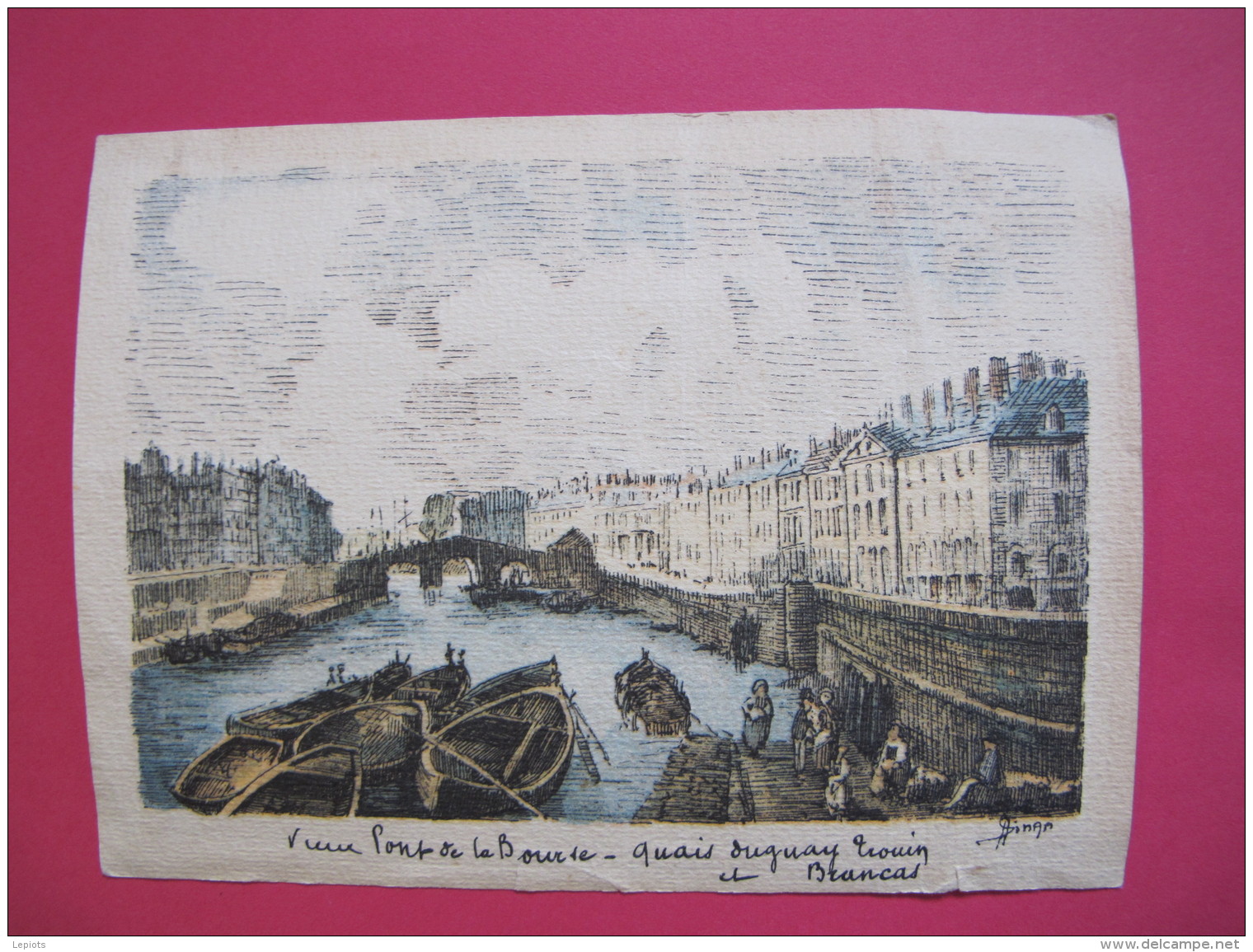 Nantes - Vieux Pont De La Bourse - Quai Duguay Trouin Et Brancas - Gravure Colorisée Par Dinan - Bon état - Recto-verso - Estampes & Gravures