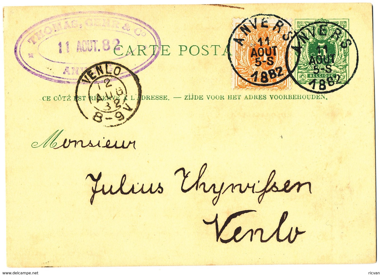 1882 POSTKAART-5c-45 FIRMASTEMPEL"THOMAS,GEHR&Co" MET COB28 VAN ANVERS NAAR VENLO - 1869-1888 Lying Lion