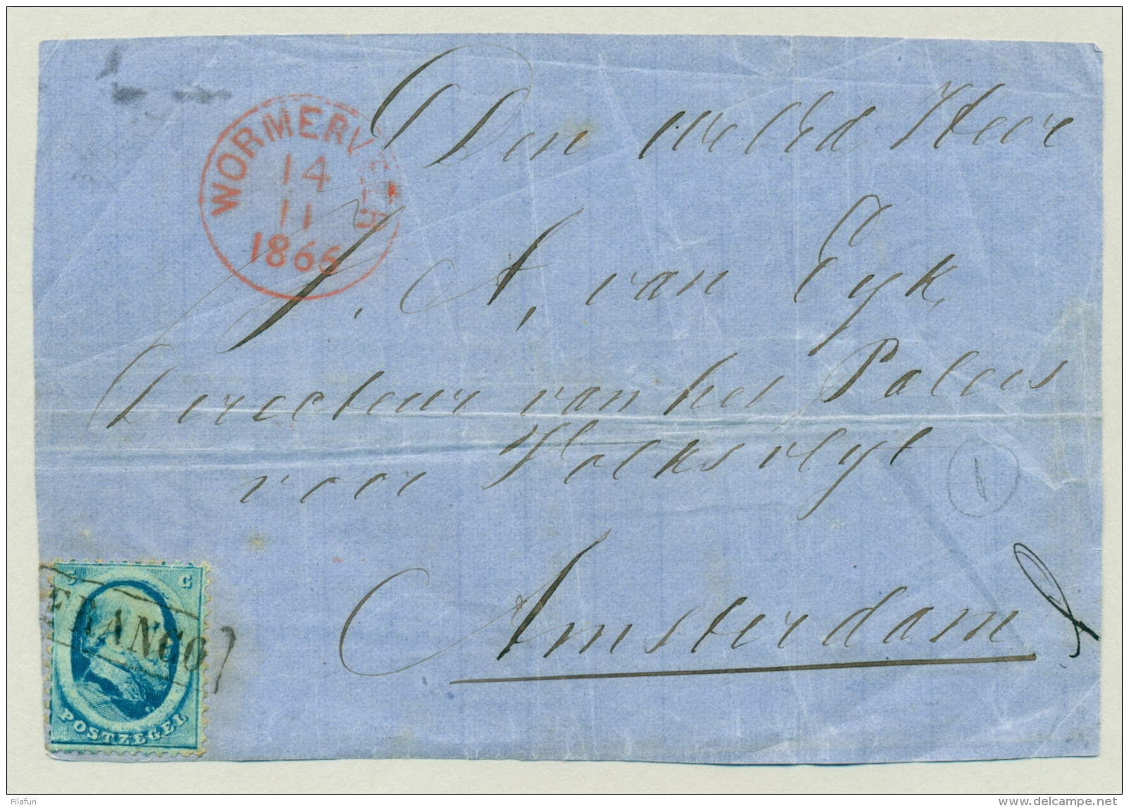 Nederland - 1866 - 5 Cent Willem III 2e Emissie Op Voorzijde Van Wormerveer Naar Amsterdam - Front Only - Brieven En Documenten