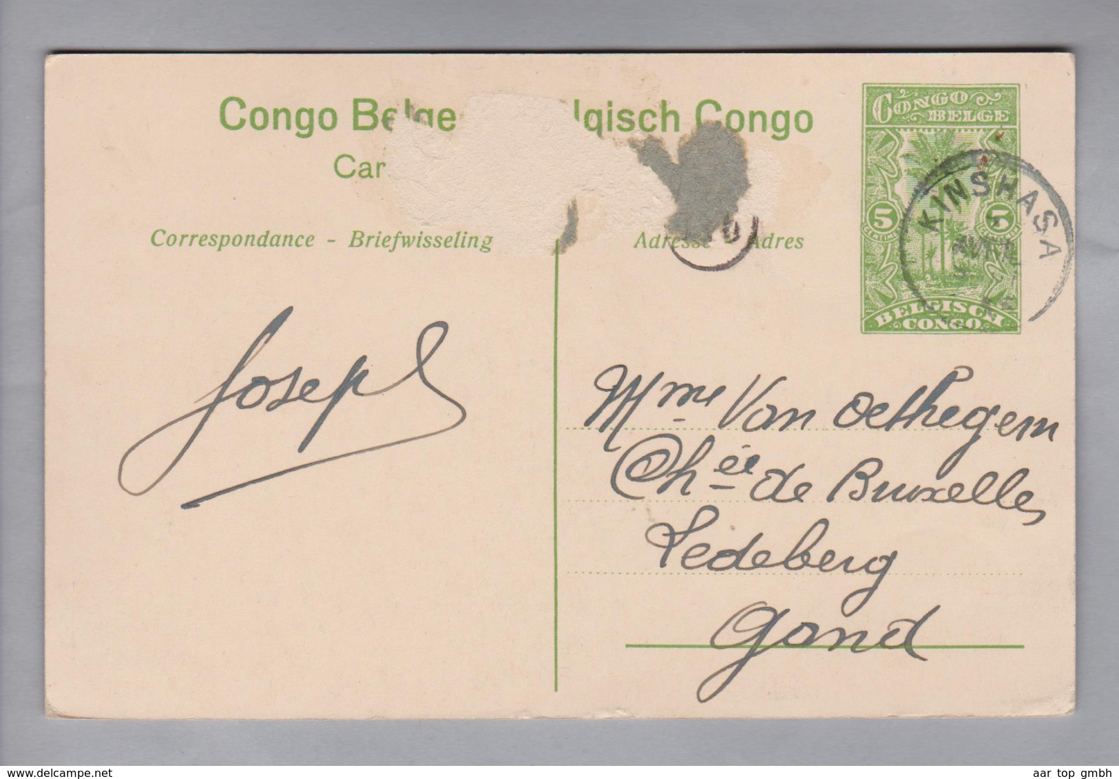 AK Afrika Kongo (belg.) 1913-04-04 Kinshasa GS 5 Cent #14 Avenue Des Palmiers à Banana - Congo Belge
