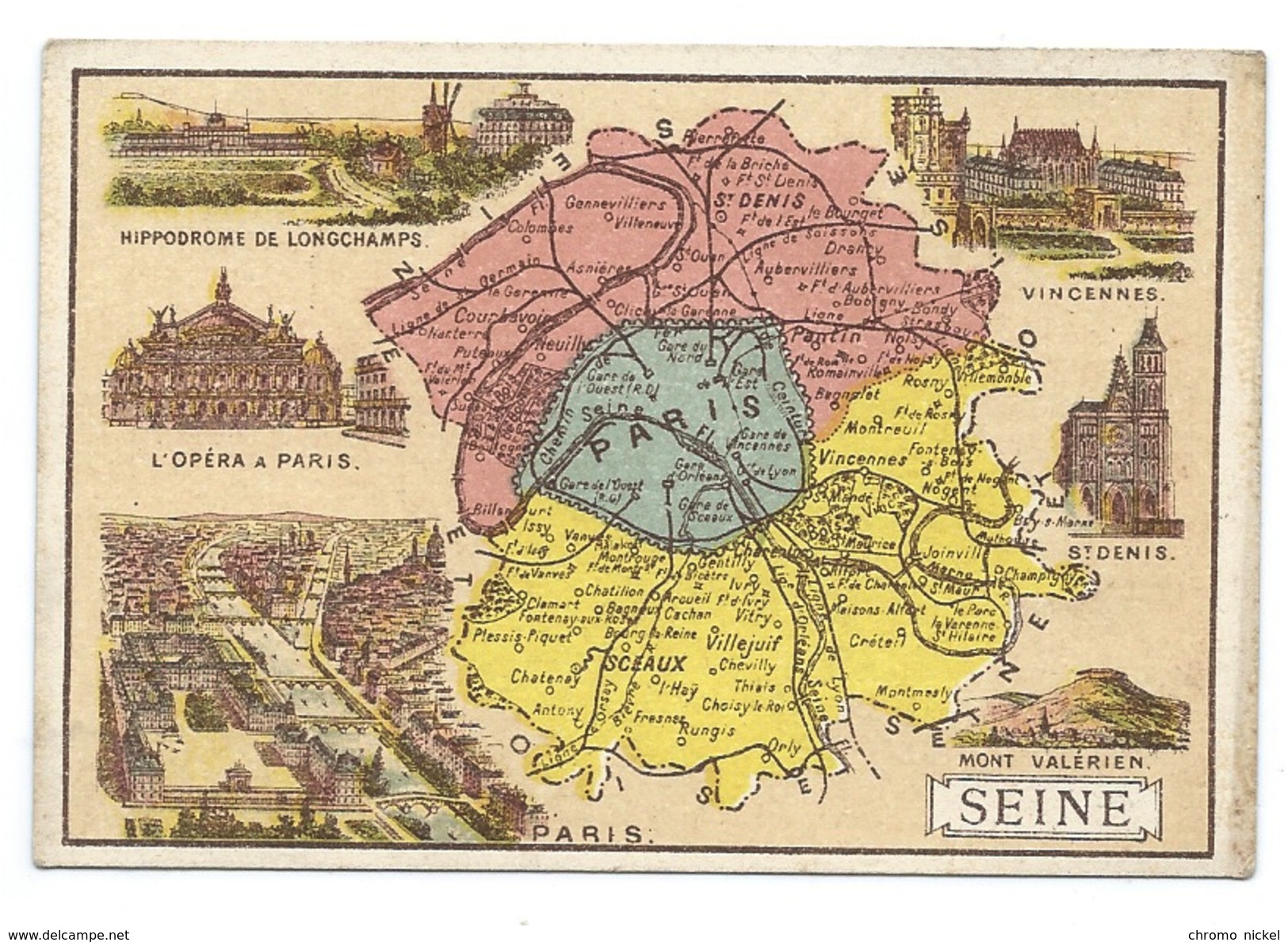 Seine Ile De France Département Carte Géographique Chromo 100 X 68 Mm Ss Pub TB ParisOpéra Longchamps St Denis Vincennes - Autres & Non Classés