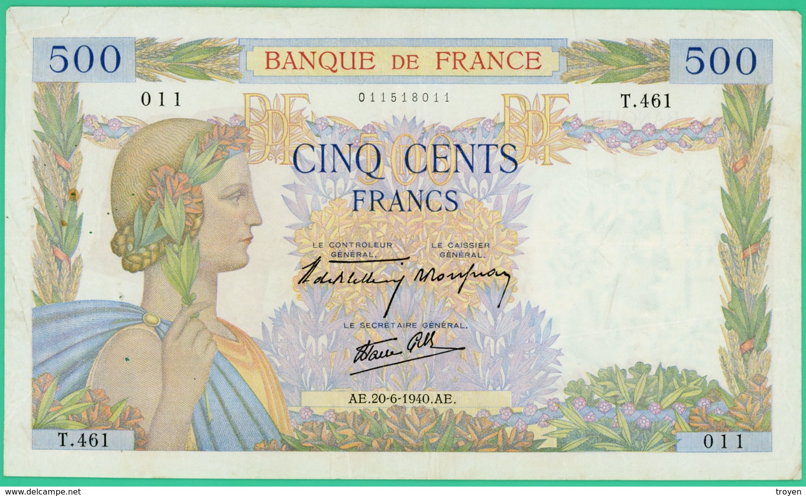 500 Francs  La Paix - France - N°T.461 011 - AE.20-6-1940.AE. - TTB - - 500 F 1940-1944 ''La Paix''