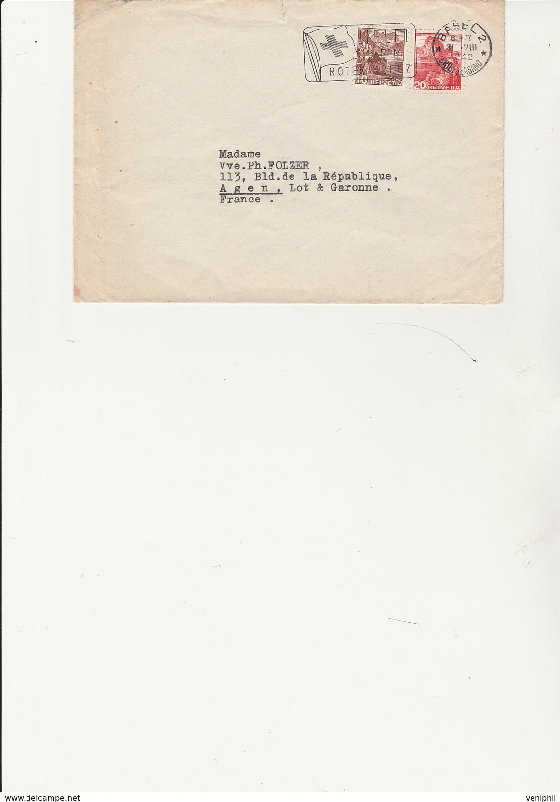 LETTRE SUISSE OBLITERATION FLAMME CROIX ROUGE  -CAD BASEL 2 - ANNEE 1942 - Red Cross