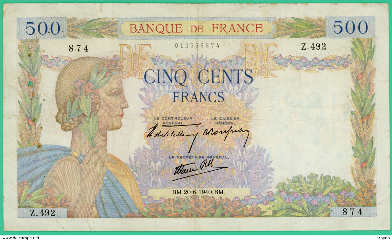 500 Francs  La Paix - France - N° Z.492 874 - BM.20-6-1940.BM. - TB+ - - 500 F 1940-1944 ''La Paix''