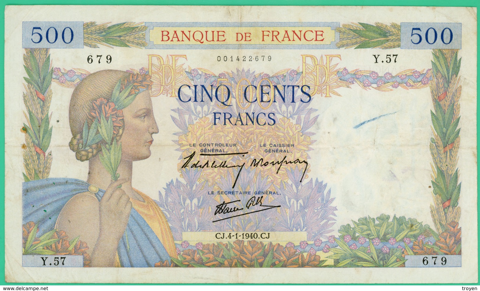 500 Francs  La Paix - France - N° Y.57 679 - CJ.4-1-1940.CJ. - TTB - - 500 F 1940-1944 ''La Paix''