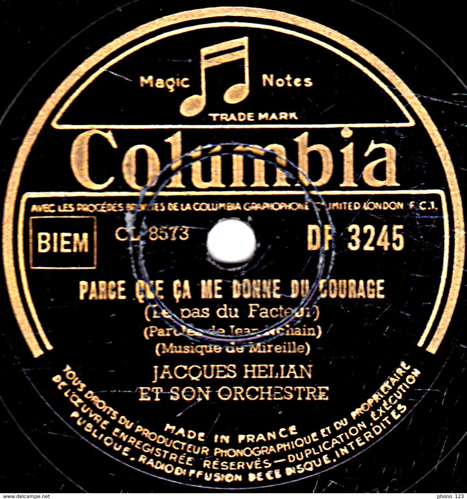 78 T.- 25 Cm - état B -  JACQUES HELIAN - LA SAMBA BRESILIENNE - PARCE QUE CA ME DONNE DU COURAGE - 78 T - Disques Pour Gramophone