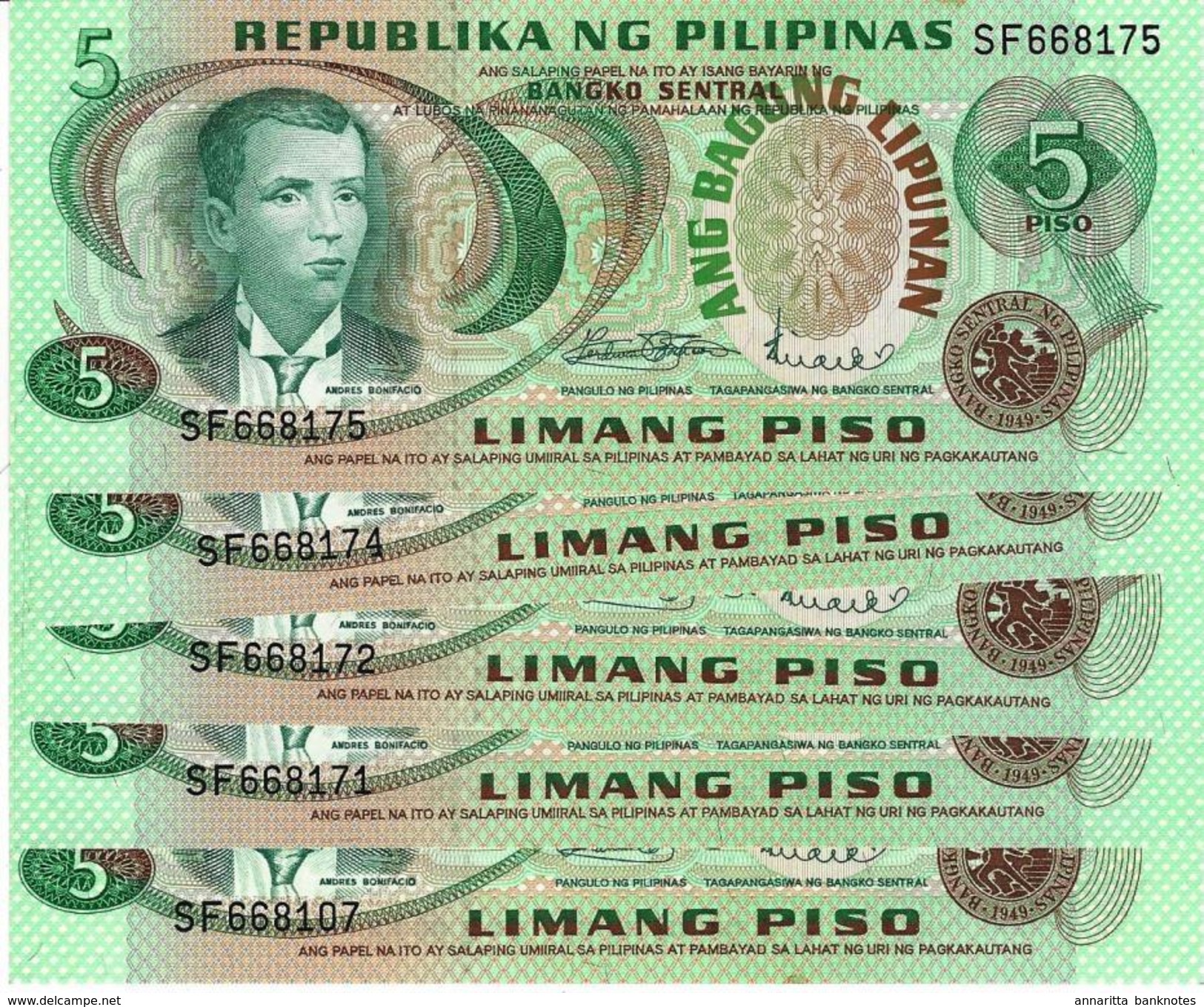 PHILIPPINES 5 PESOS ND (1978) P-160a AU/UNC 5 PCS [PH1019a] - Filippijnen