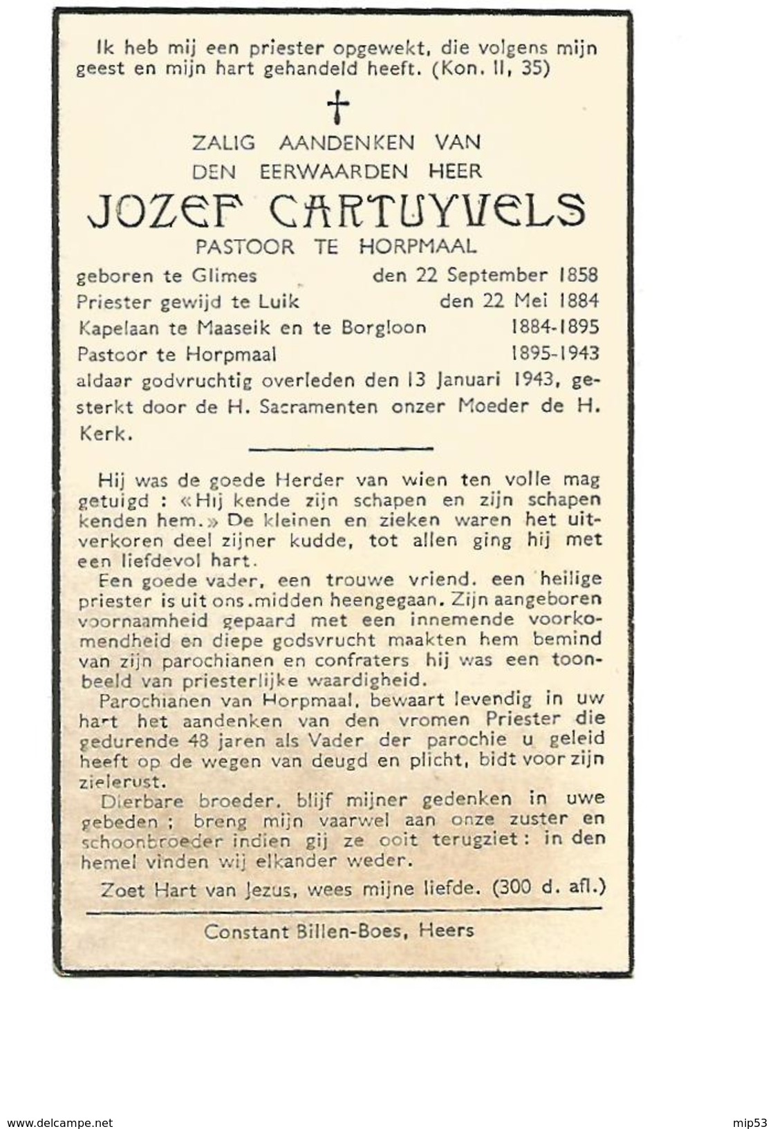 P 143. E.H. JOZEF CATUYVELS - °GLIMES 1858  /LUIK/MAASEIK/BORGLOON - +HORPMAAL 1943 - Devotieprenten