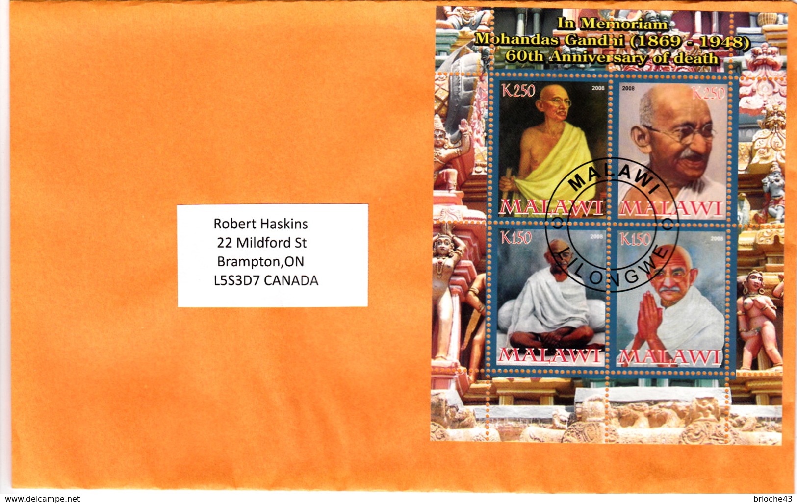 COVER BLOC MAHATMA GANDHI - 60TH ANNIVERSARY OF DEATH MALAWI TO CANADA - Mahatma Gandhi