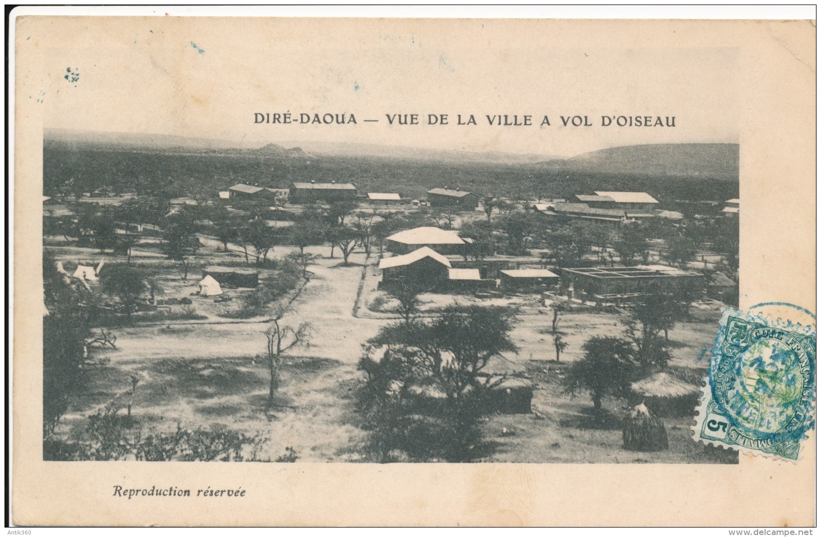CPA DJIBOUTI Précurseur 1904 Diré-Daoua Vue De La Ville à Vol D'oiseau + Cachet + Timbre Cote Des Somalis - Djibouti