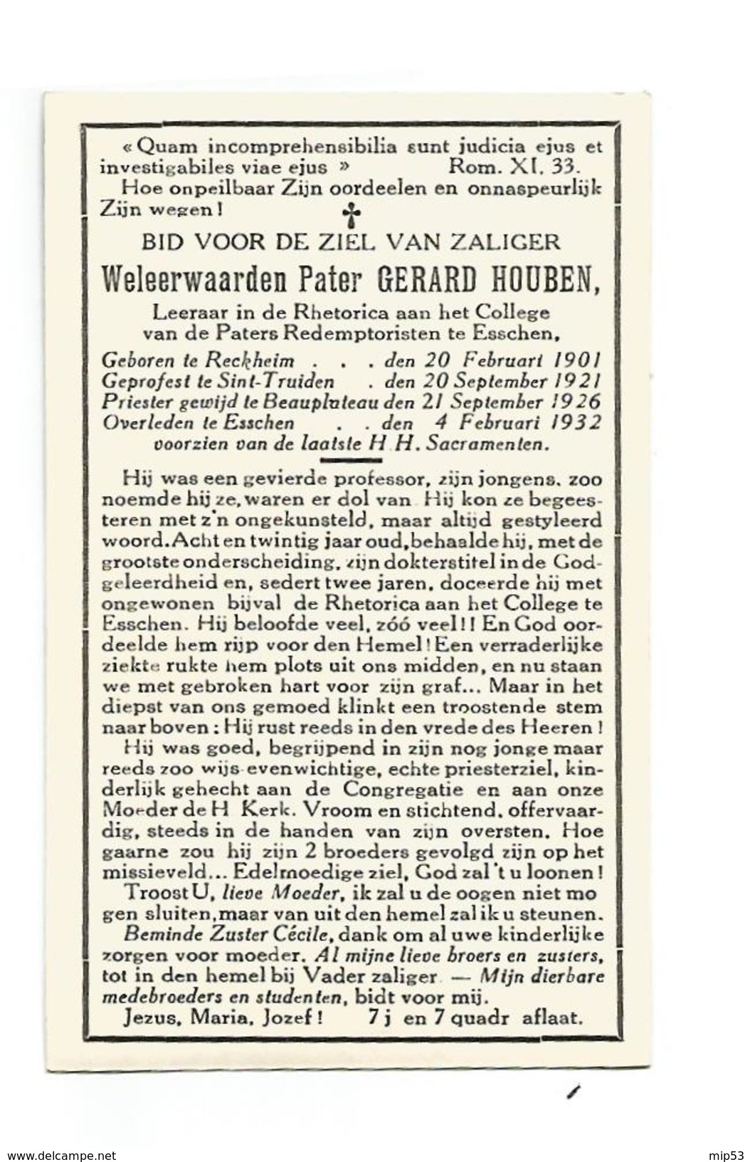 P 146. E.Pater GERARD HOUBEN -Leraar Rhetorica College Redemptoristen ESSCHEN -°RECKHEIM 1901 /ST.TRUIDEN/ +ESSCHEN 1932 - Images Religieuses