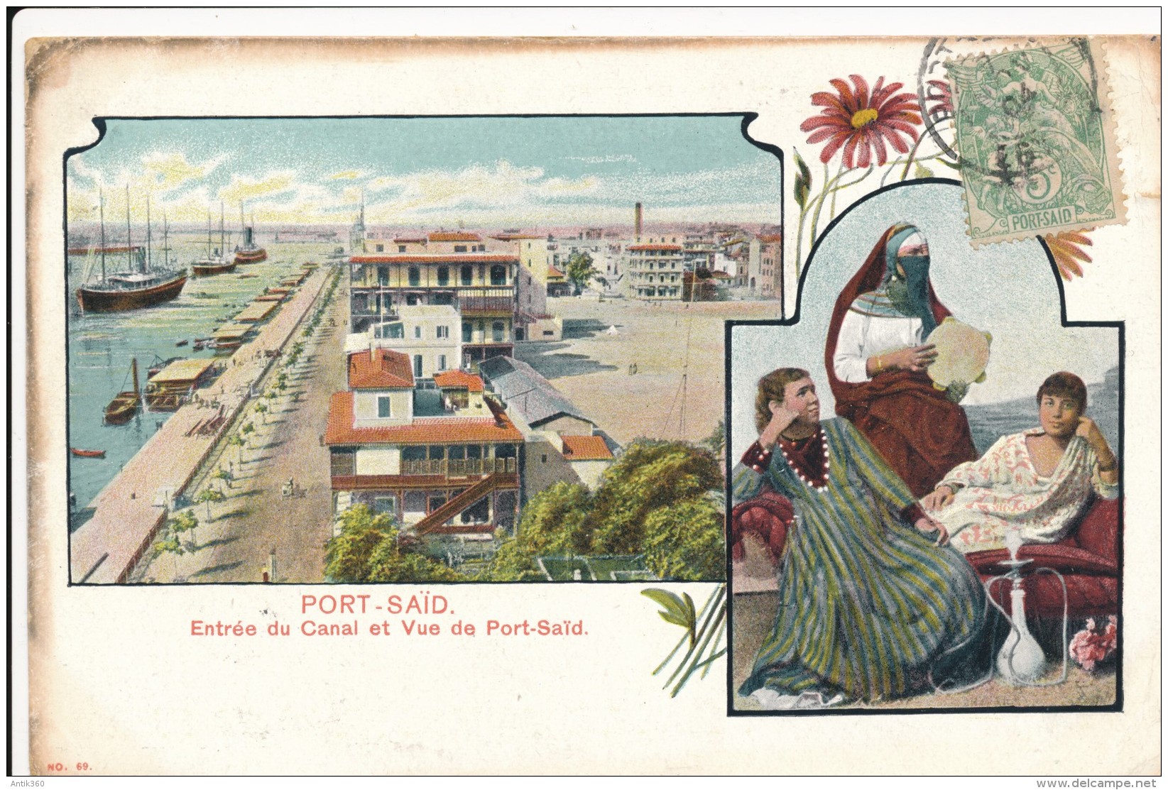 CPA EGYPTE PORT SAÏD Carte Précurseur 1904 Couleur Entrée Du Canal Et Vue De Port Saïd - Port Said