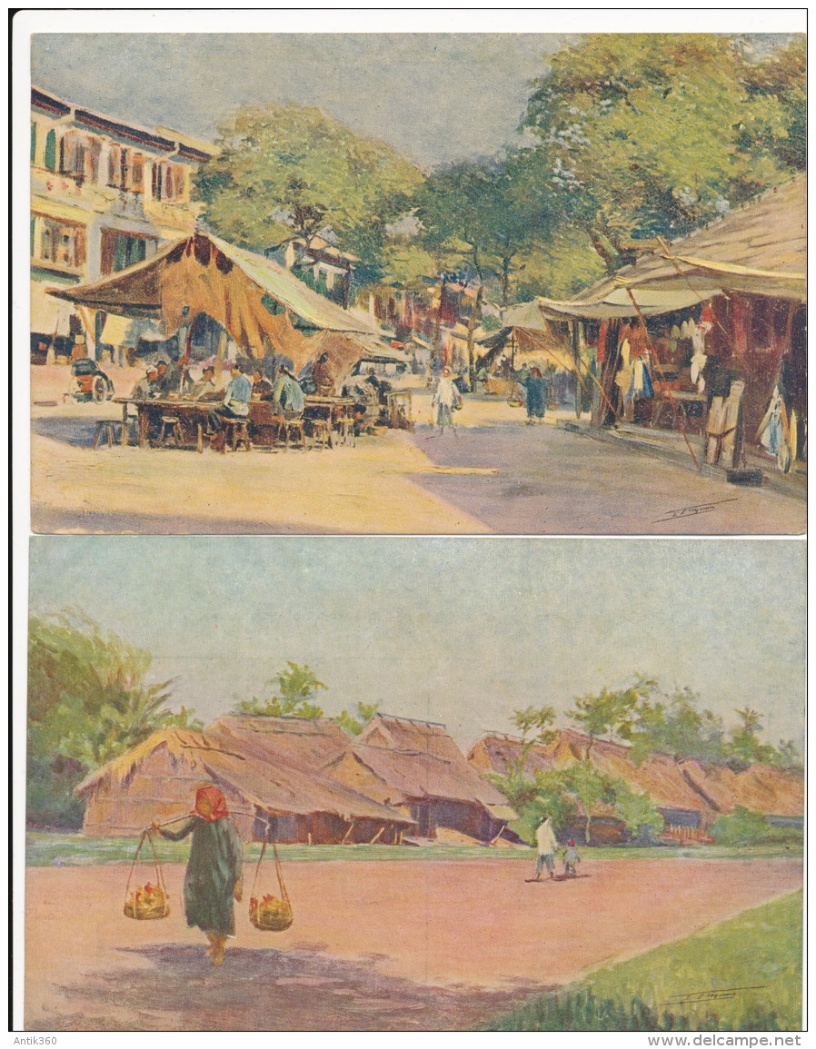 CPA COCHINCHINE VIET NAM Lot De 2 Cartes D'illustrateur Frequenez N°5 Sur La Route Saïgon Et N°12 Restaurant Chinois - Viêt-Nam