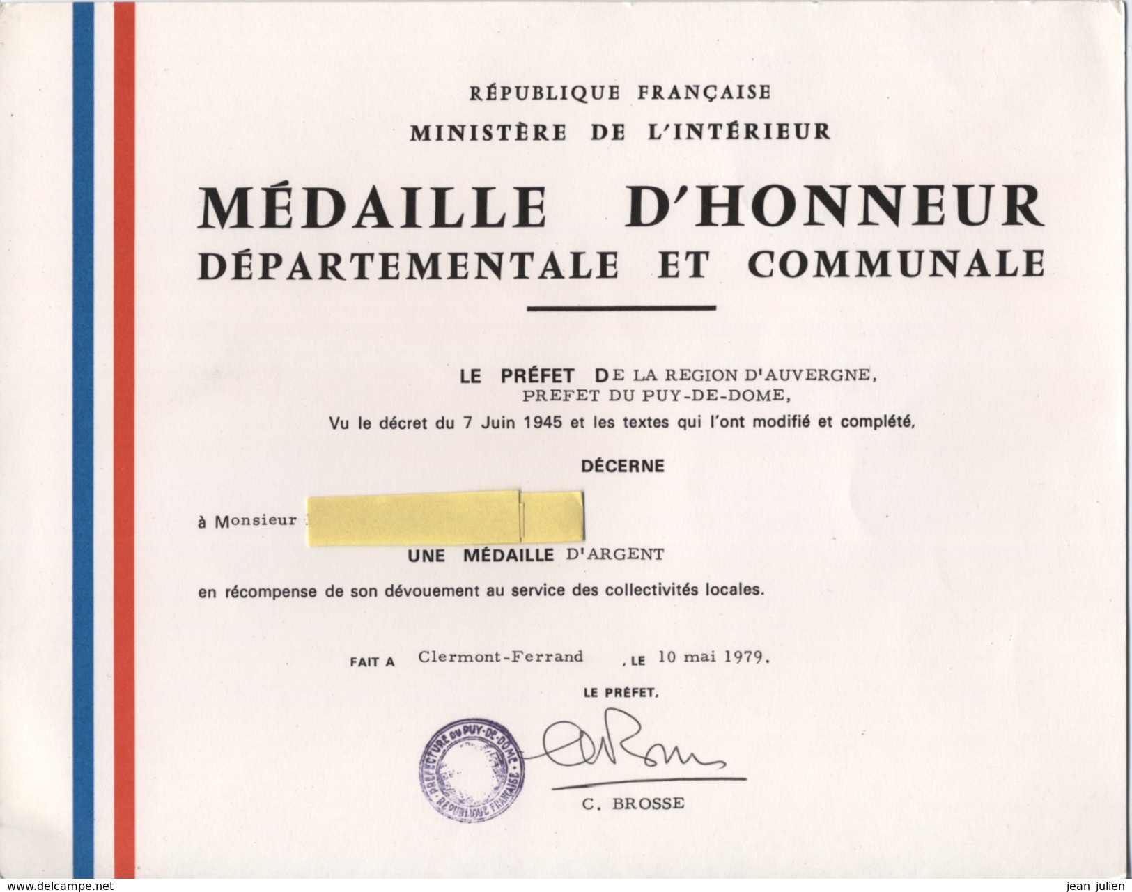 MILITARIA  -  MEDAILLE D'HONNEUR DEPARTEMENTALE ET COMMUNALE - Diplome - Décoration - 1979 - France