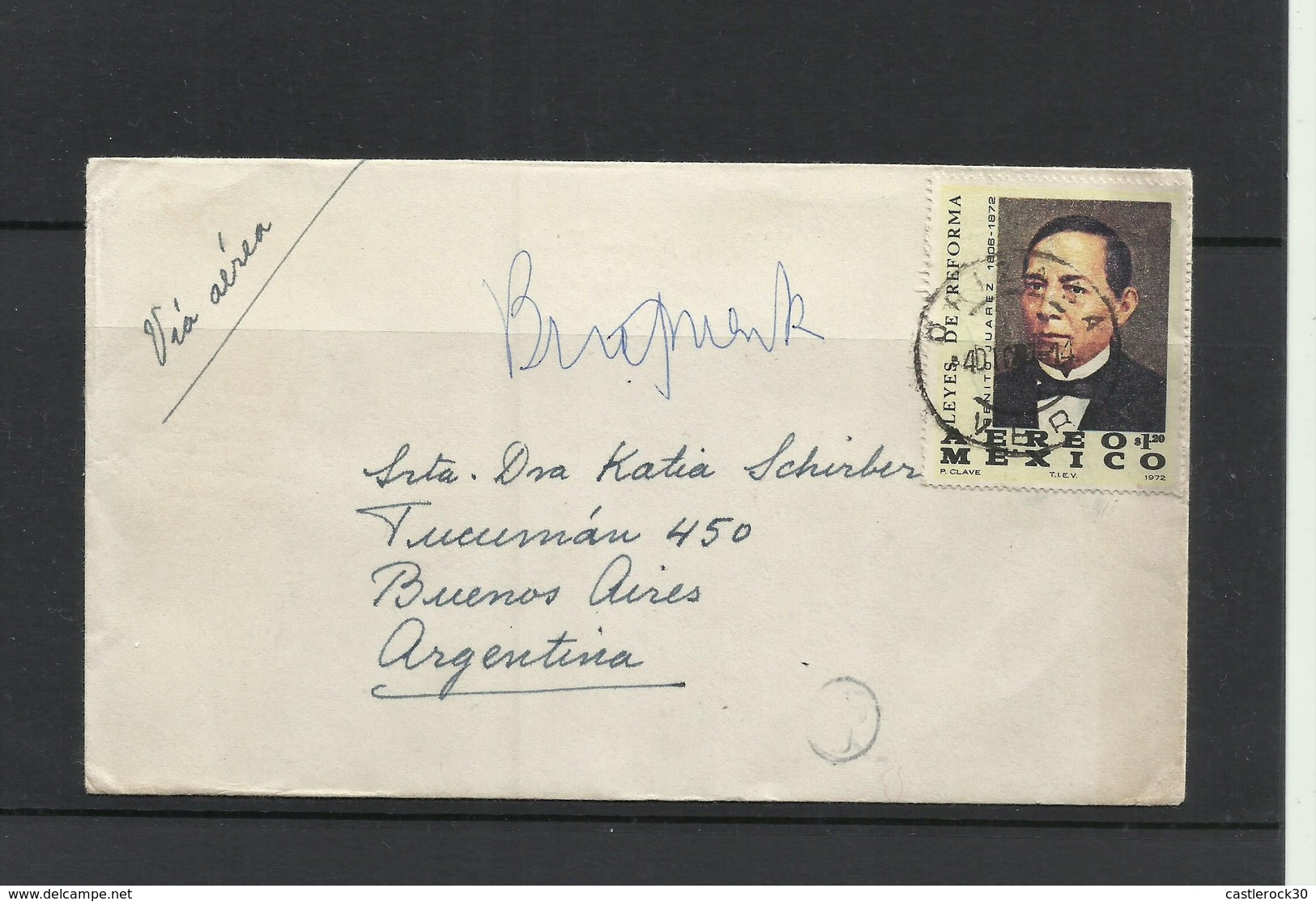 O) 1972 MEXICO, PRESIDENT 1858 TO 1861 BENITO JUAREZ, REFORM LAWS, COVER TO ARGENTINA - Mexico