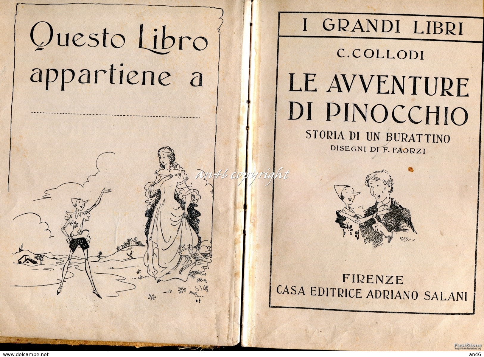 LIBRO-LIVRE-PINOCCHIO_I GRANDI LIBRI_CASA EDITRICE SALANI 1945_FIRENZE_254 PAGINE_DISEGNI DI F.FAORZI_COMPLETO_ - Classiques