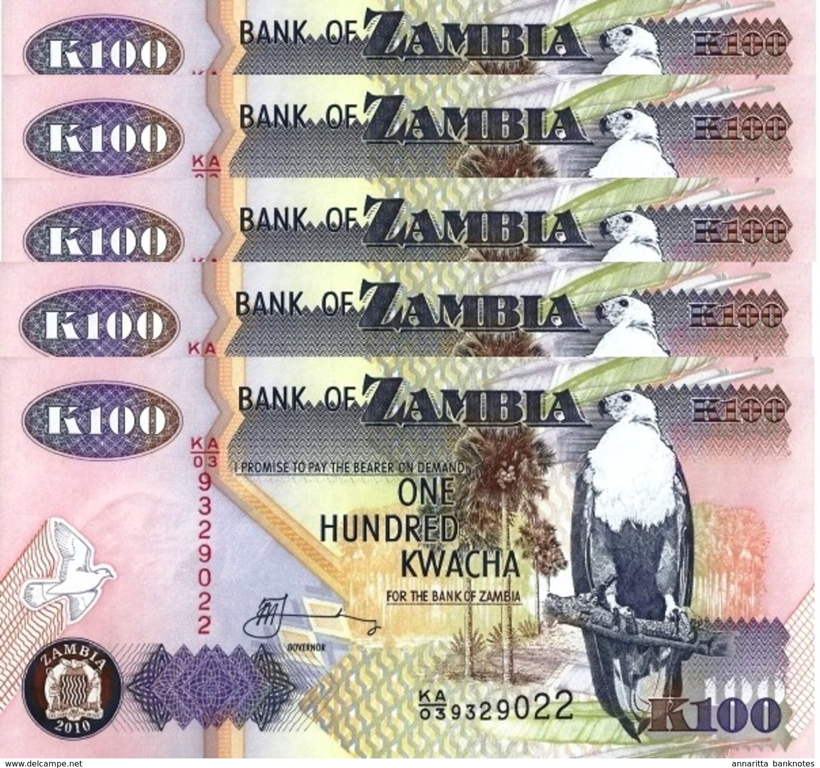 ZAMBIA 100 KWACHA 2010 P-38i UNC 5 PCS [ZM139j] - Zambie