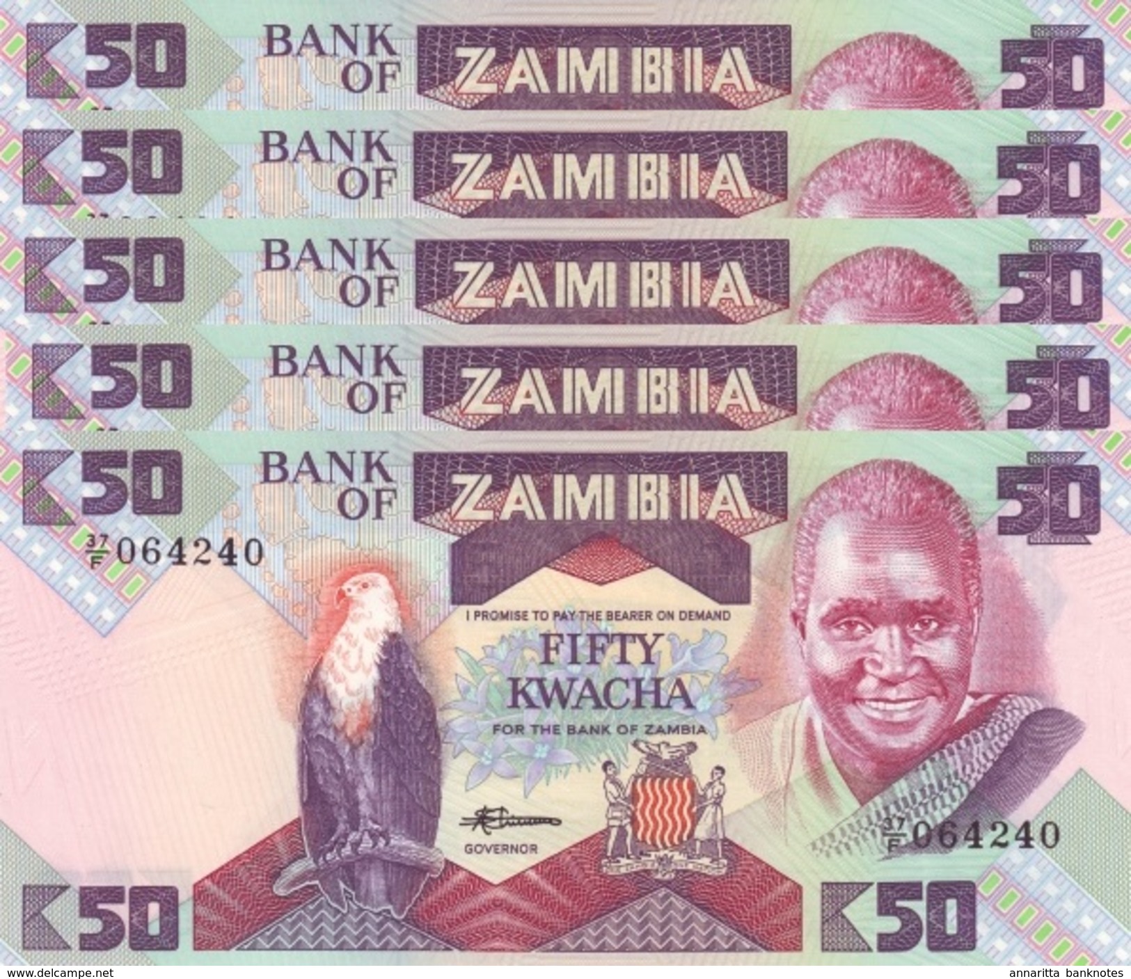 ZAMBIA 50 KWACHA ND (1986) P-28a UNC 5 PCS [ZM129a] - Zambia