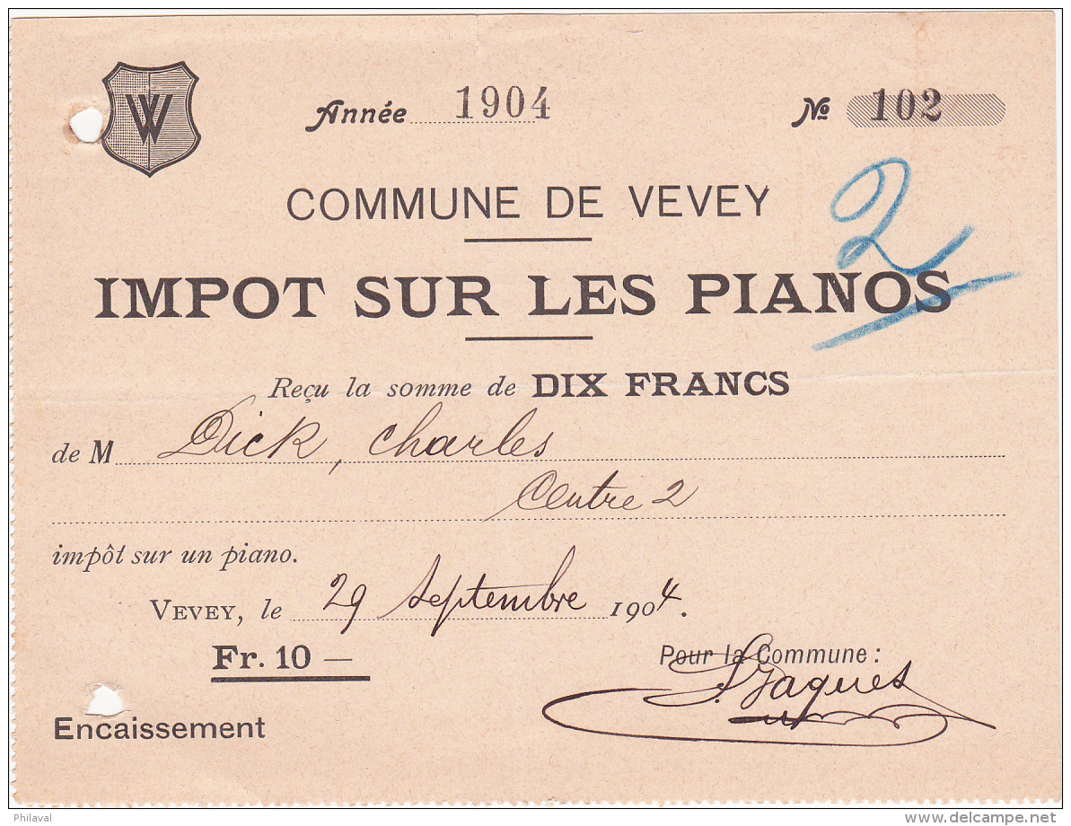 Quittance De L' Impôt Sur Les Pianos - Commune De Vevey - 1904 - Suiza