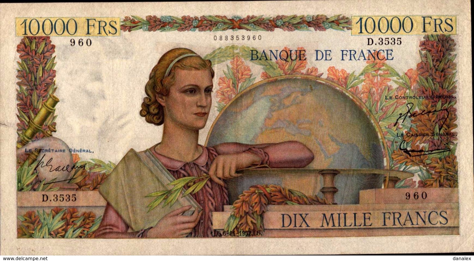 FRANCE 10000 FRANCS GENIE FRANCAIS Du 6-11-1952  Pick 132d  F 50/61 XF/SUP - 10 000 F 1945-1956 ''Génie Français''