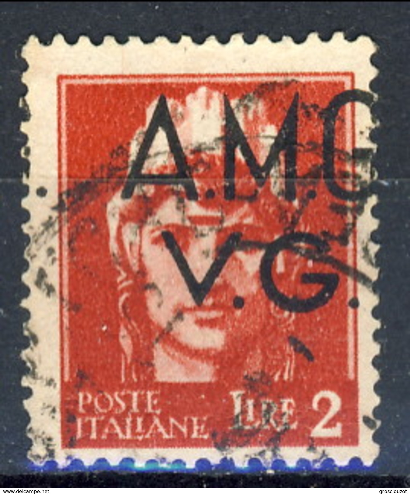 Trieste VG Zona A 1945 - 47 N.9hd L. 2  Carminio VARIETA' SOVRASTAMPA SPOSTATA A DX Usato Cat. &euro; 35 - Usati