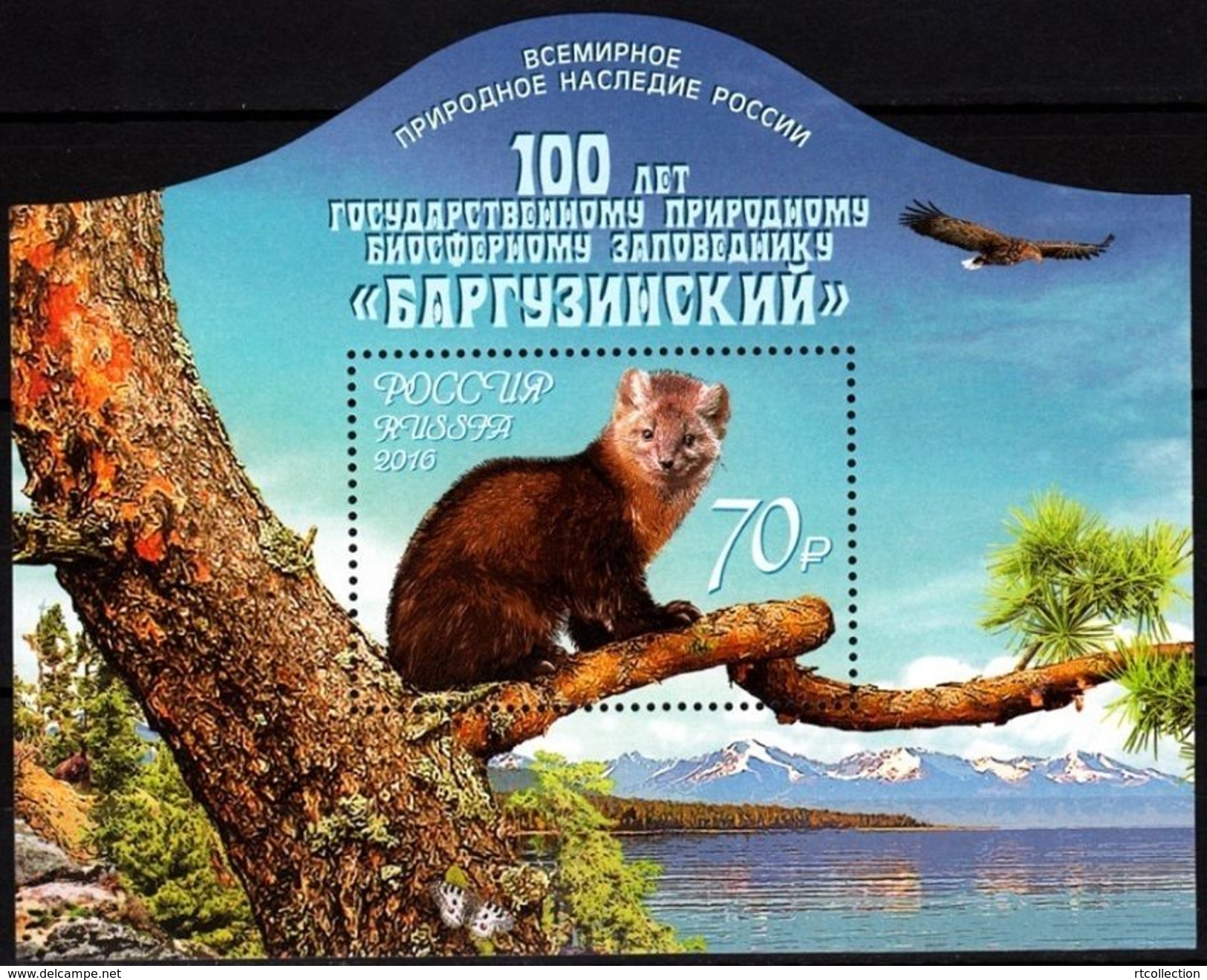 Russia 2016 Fauna 100th Anni Barguzinsky Biosphere Reserve Wild Animals Eagle Plant Lake Stamp MNH Michel Bl. 237 - Eagles & Birds Of Prey