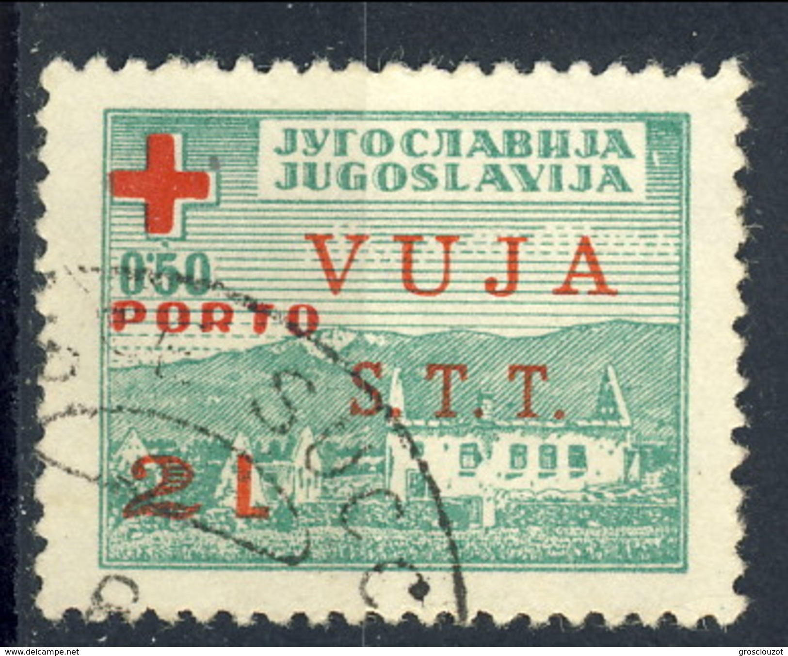 Trieste Zona B 1948 N. 5 L. 2 Su D. 0,50 Verde (sovr. Rossa) Pro Croce Rossa Centratura Perfetta. Usato Cat. € 480 - Oblitérés