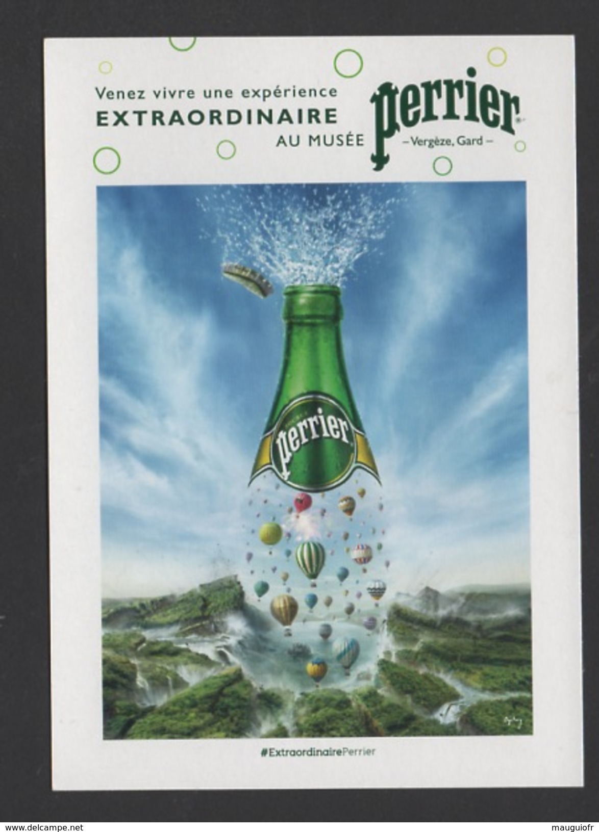 DD / 30 GARD / VERGÈZE / CARTE PUBLICITAIRE POUR LE MUSÉE PERRIER / BOUTEILLE / MONTGOLFIÈRES - Vergèze