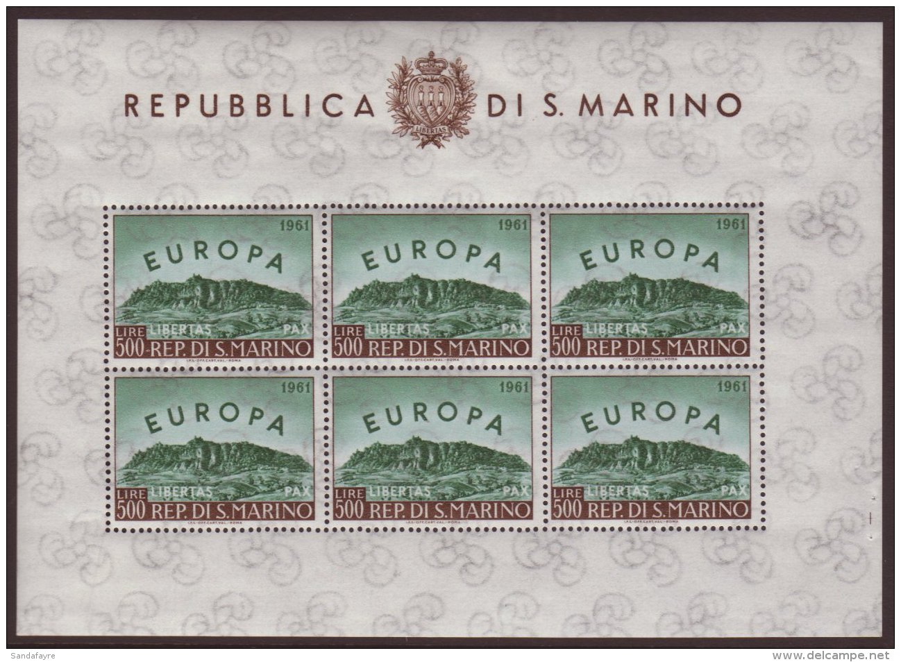 1961 500L Europa (SG 640) COMPLETE SHEETLET OF SIX STAMPS (Sass Foglietti 23) Very Fine Never Hinged Mint. For... - Other & Unclassified