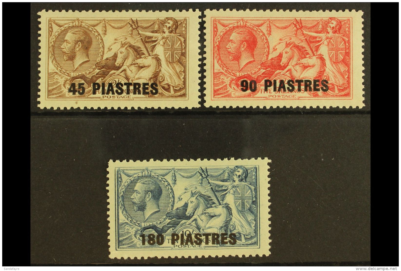 1921 SEAHORSE SET With 45pi On 2s 6d, 90pi On 5s Rose Carmine And 180pi On 10s Dull Grey Blue, SG 48/50, Very Fine... - British Levant