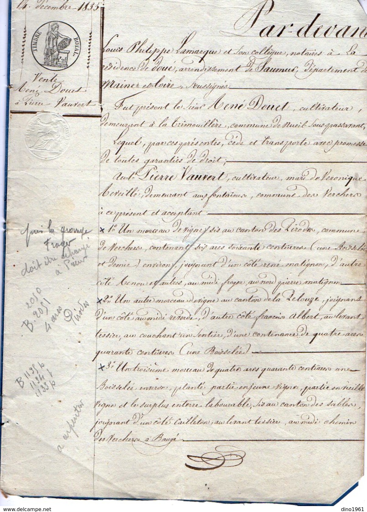 VP7861 - Acte De 1835 - Entre DOUET à NUEIL & VAUVERT Vente De Vignes Situés Aux VERCHERS ( DOUE LA FONTAINE ) - Manuscripts