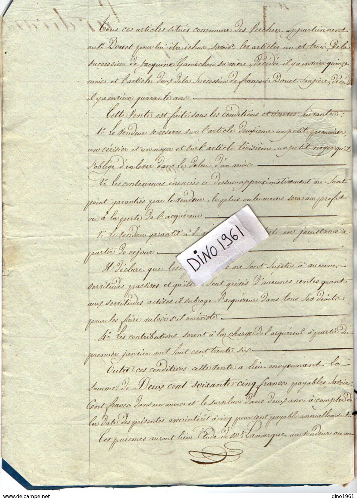 VP7861 - Acte De 1835 - Entre DOUET à NUEIL & VAUVERT Vente De Vignes Situés Aux VERCHERS ( DOUE LA FONTAINE ) - Manuscripts