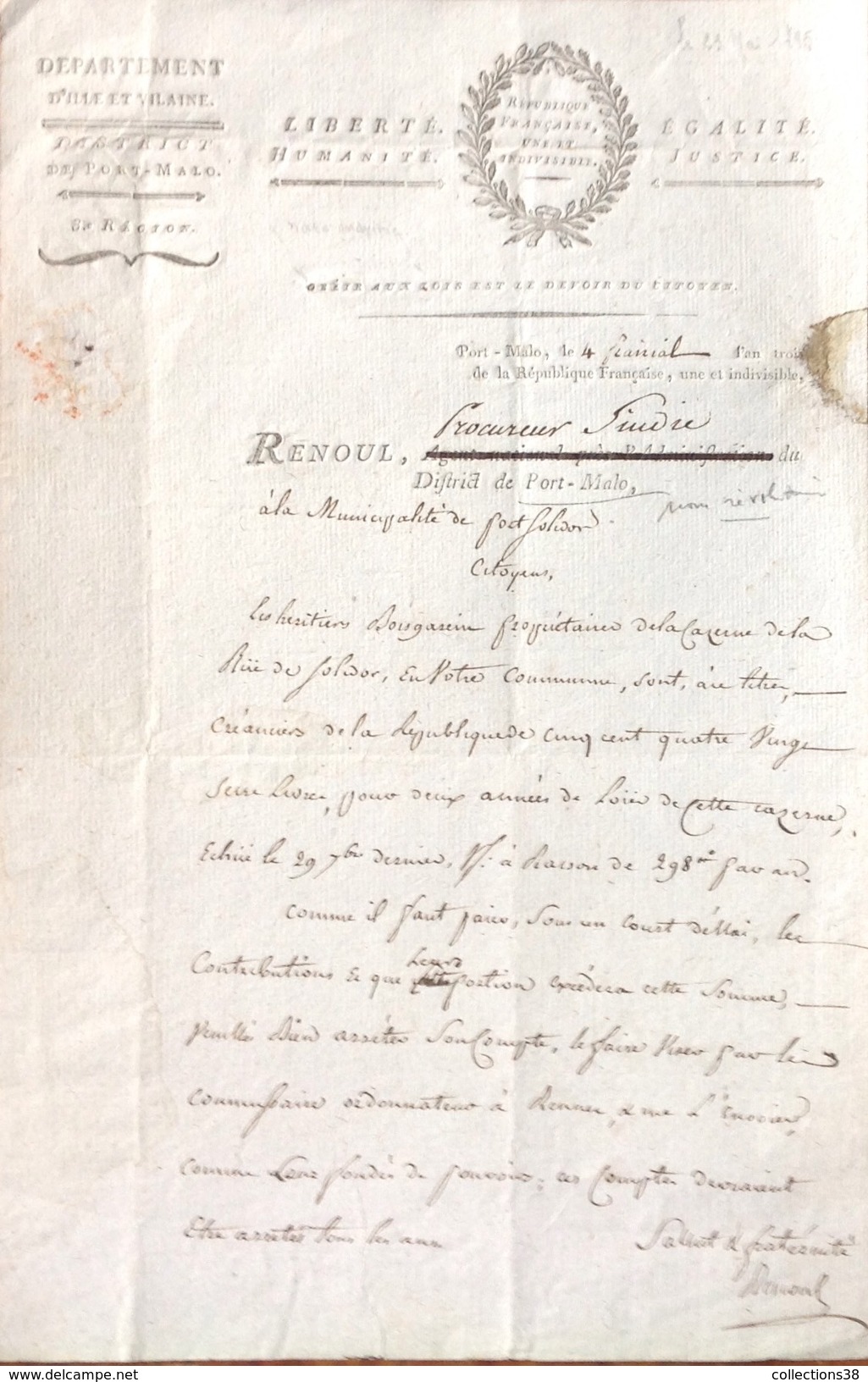 Bretagne - St-Malo Demande De Paiement Du Loyer De La Caserne - Signé Renoul - Documents Historiques