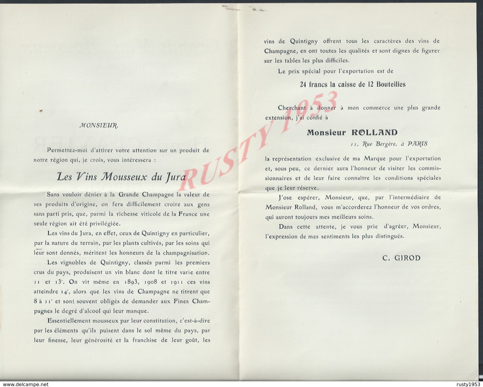 LOT DE DOCUMENTS PUBLICITAIRE HENRI CLAVIER CHATEAU MARSAC VINS MOUSSEUX À QUINTIGNY ( JURA ) : - Advertising