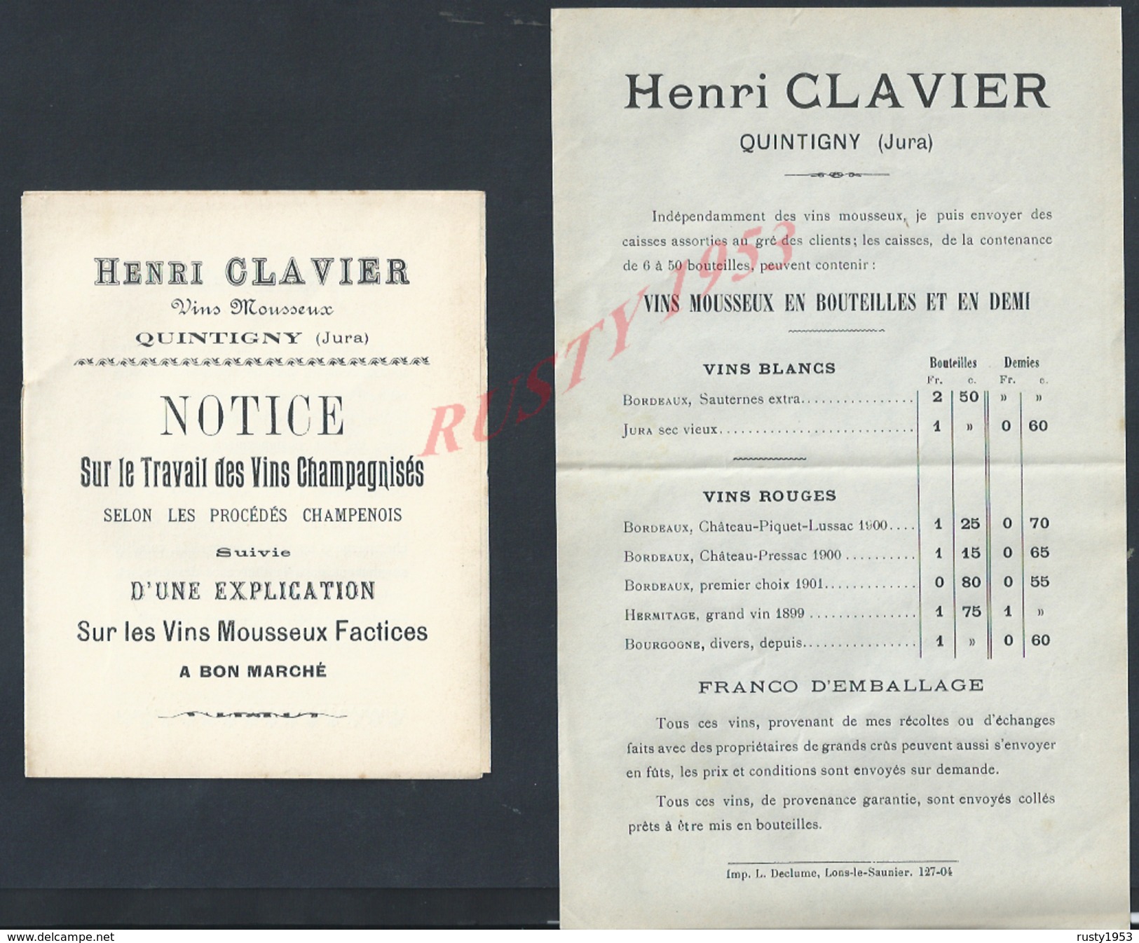 LOT DE DOCUMENTS PUBLICITAIRE HENRI CLAVIER CHATEAU MARSAC VINS MOUSSEUX À QUINTIGNY ( JURA ) : - Advertising