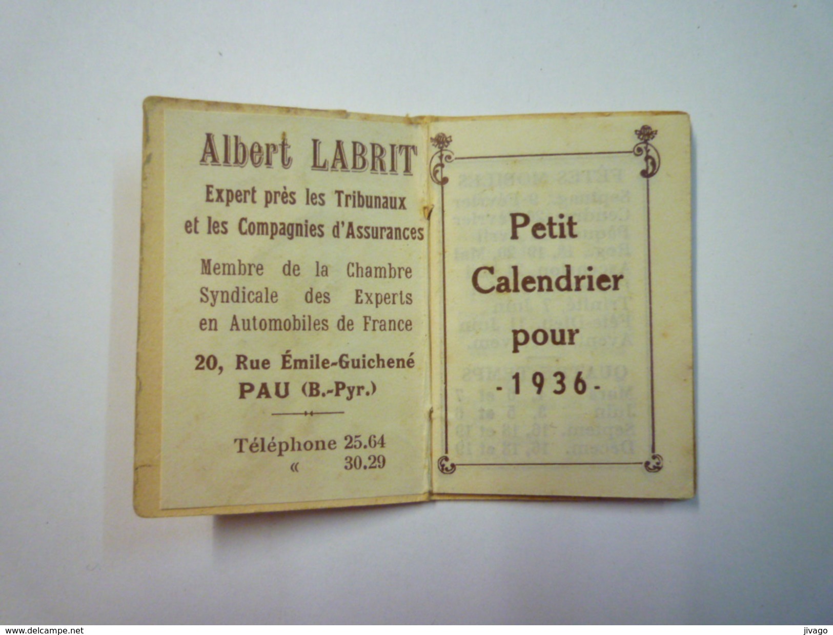 MINI  CALENDRIER  PUB   Albert LABRIT   Pau  1936    (format  3,5 X 5cm) - Petit Format : 1921-40