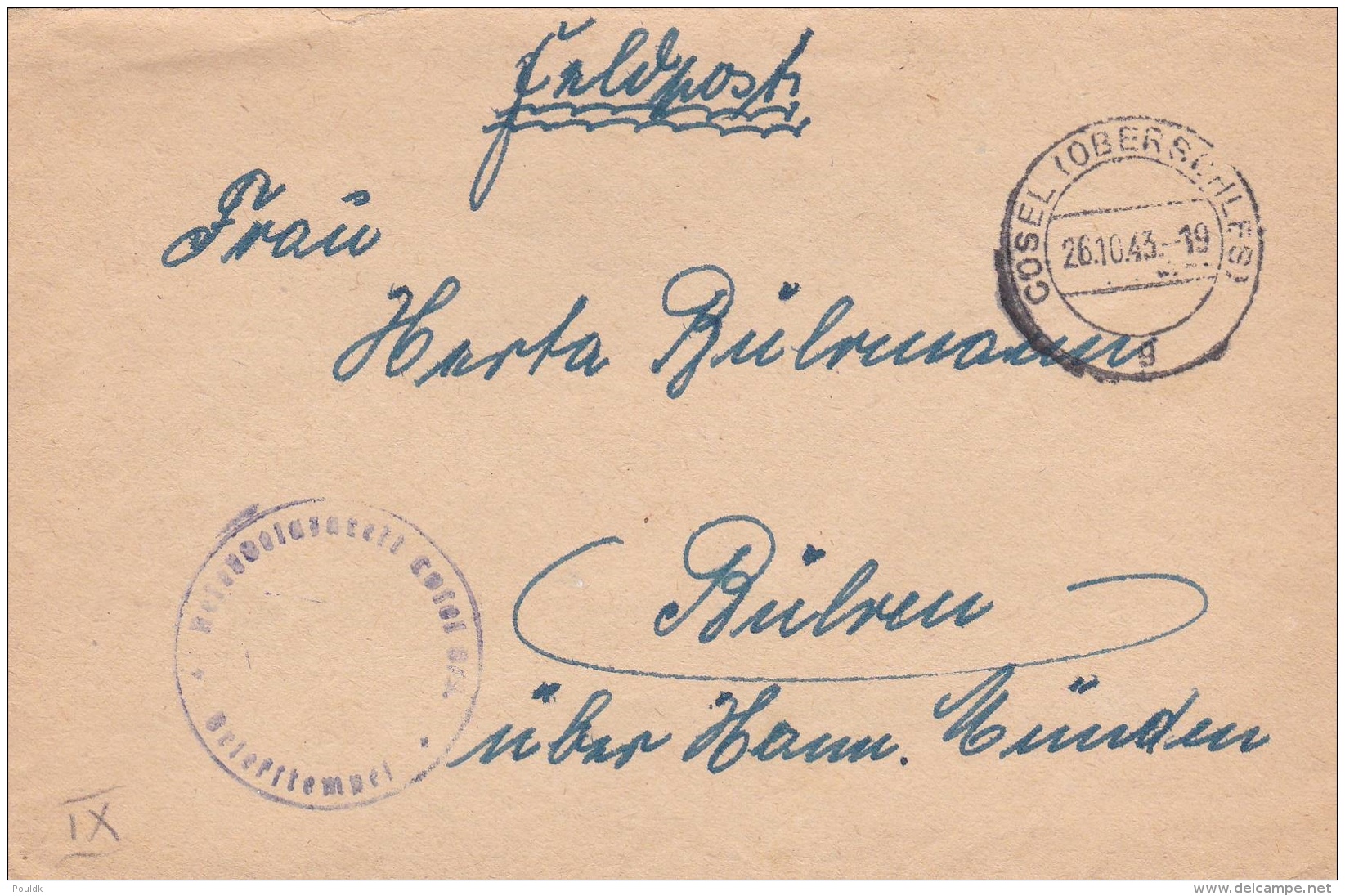 Feldpost WW2: Reservelazarett Cosel P/m Cosel (Oberschles) 26.10.1943 - Cover Only. Now Called Kozle And Located In Pola - Militaria