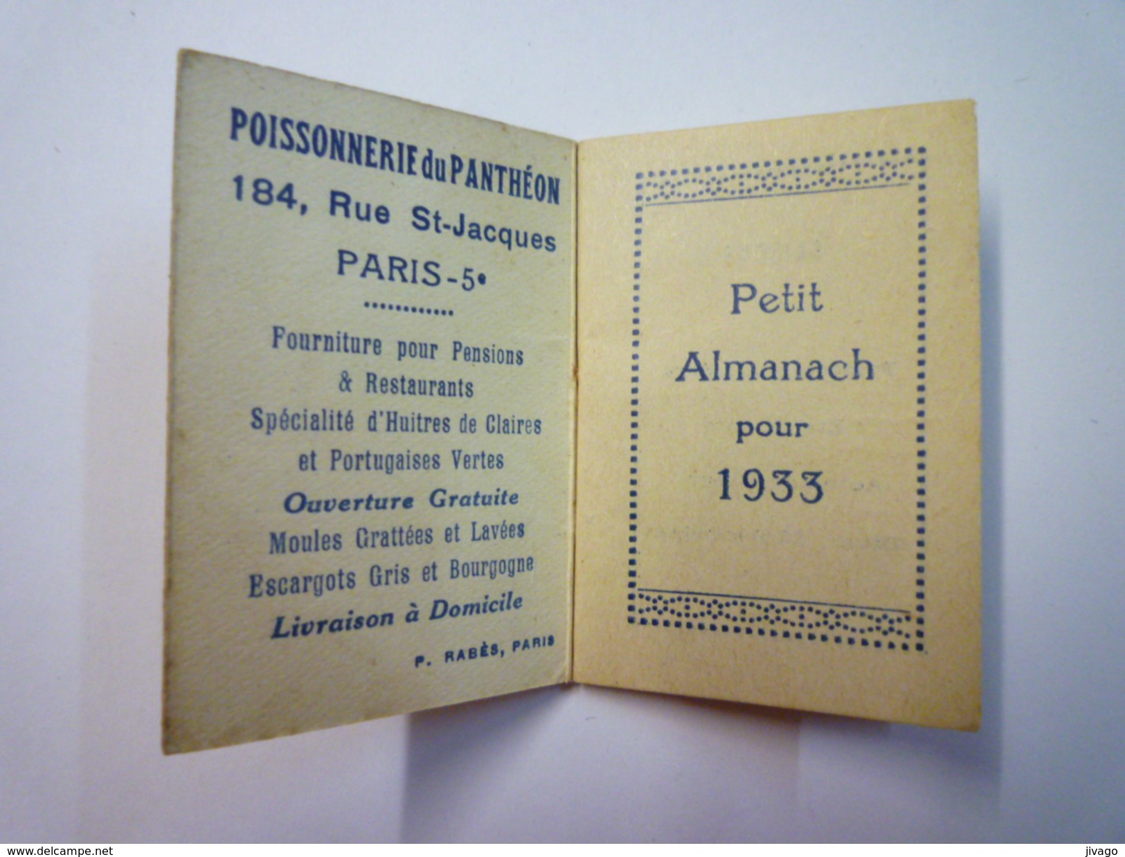 MINI  CALENDRIER  PUB  1933  POISSONNERIE Du PANTHEON  Paris  (format  3,8 X 5,5cm)   - Tamaño Pequeño : 1921-40