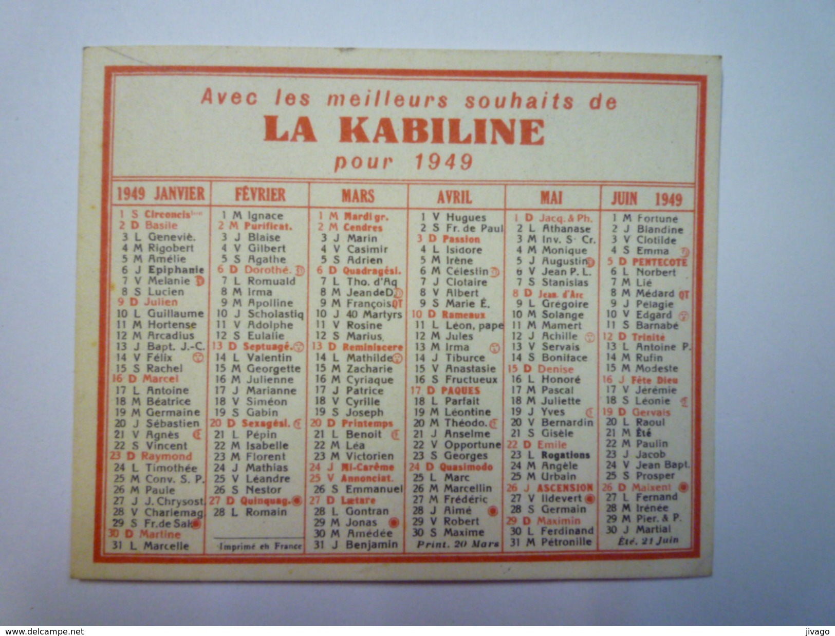 PETIT CALENDRIER  PUB  " LA KABILINE "  1949    (format  8,2 X 6,8cm) - Klein Formaat: 1921-40