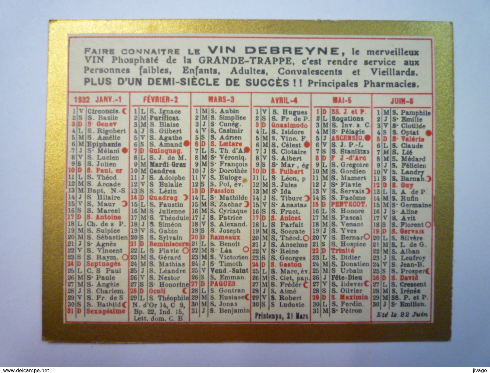 PETIT CALENDRIER  PUB  " VIN DEBREYNE "  1932    (format  7 X 9 Cm) - Klein Formaat: 1921-40