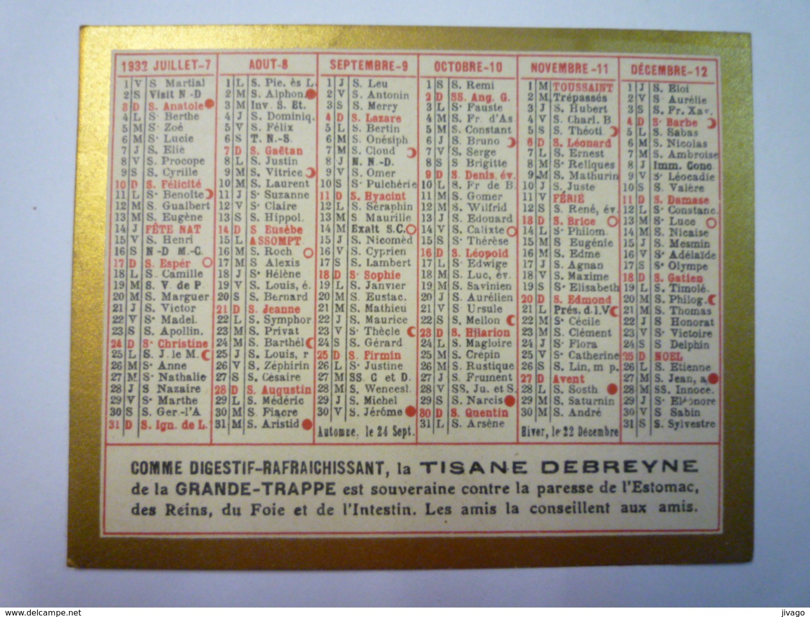 PETIT CALENDRIER  PUB  " VIN DEBREYNE "  1932    (format  7 X 9 Cm) - Petit Format : 1921-40