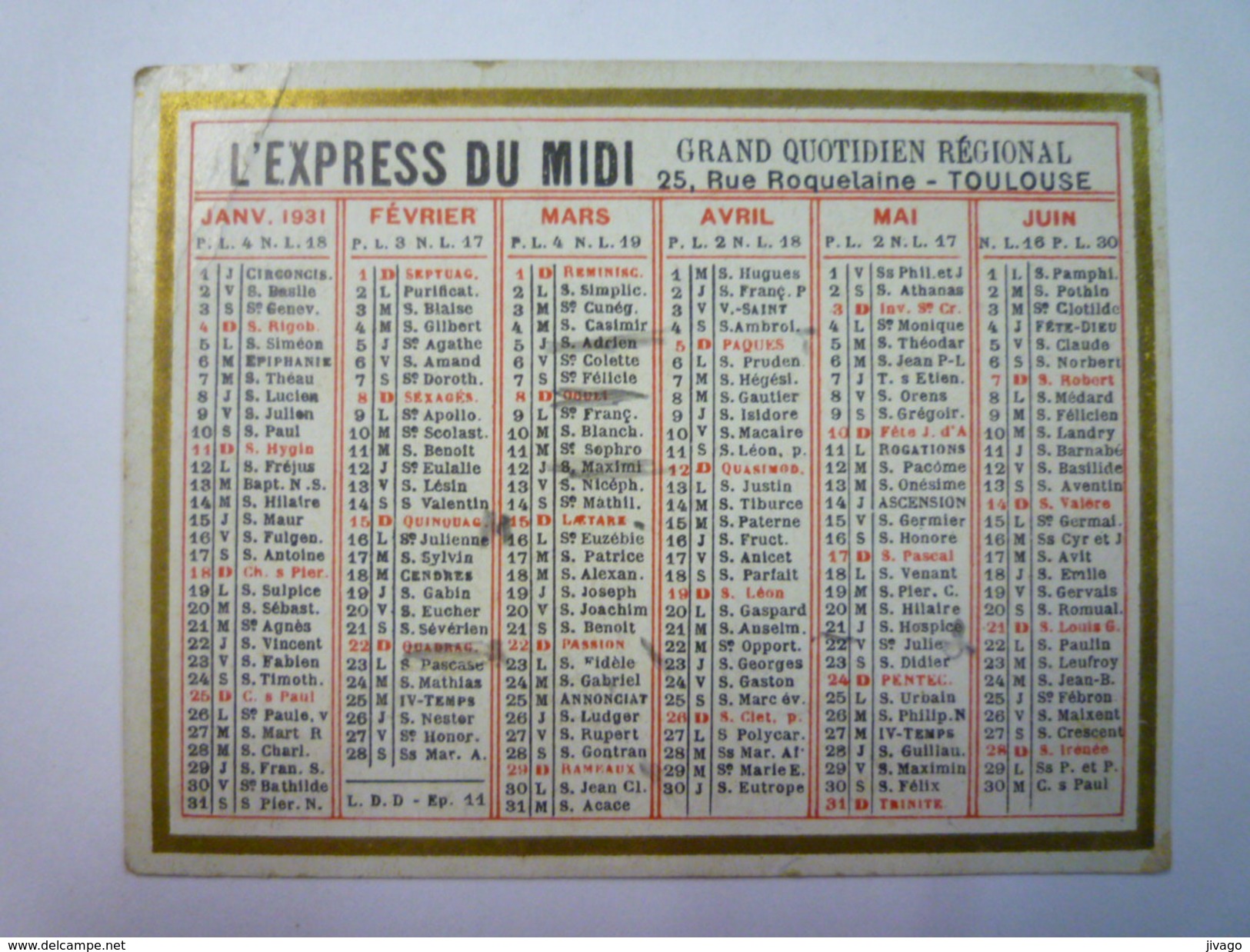 JOLI CALENDRIER  PUB  " L'EXPRESS Du MIDI "  1931   (format  7 X 9 Cm) - Klein Formaat: 1921-40
