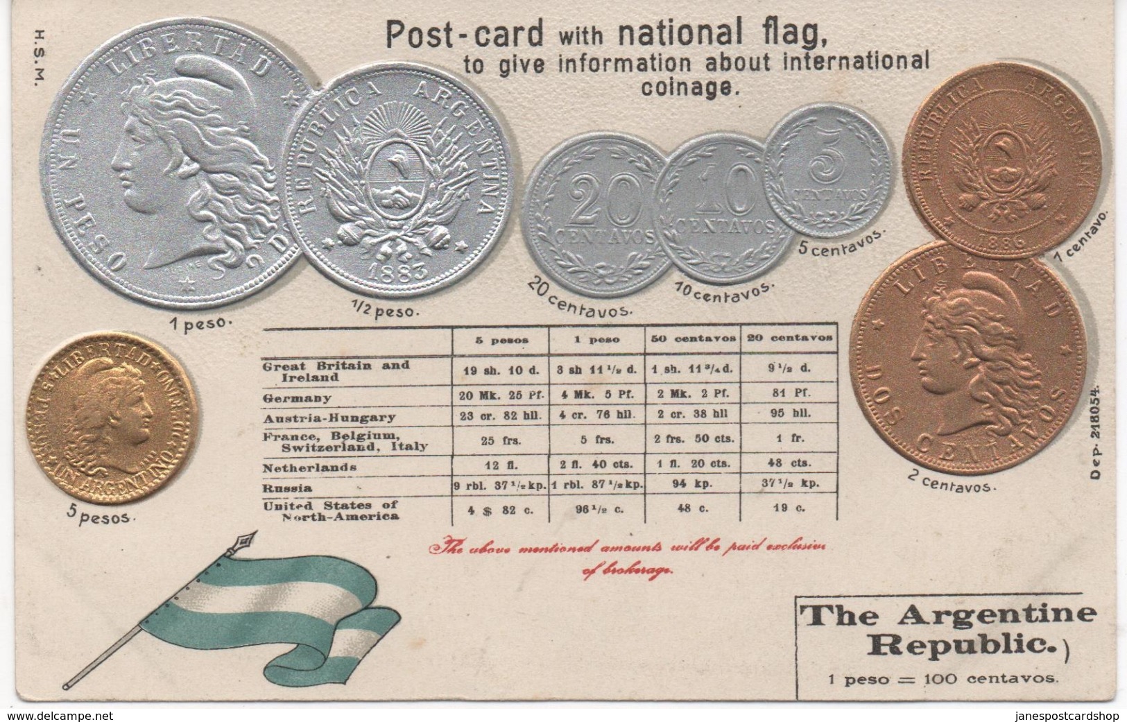 THE ARGENTINE REPUBLIC - COINS OF THE TIME AND NATIONAL FLAG - Embossed Unused Card In Very Good Condition - Coins (pictures)