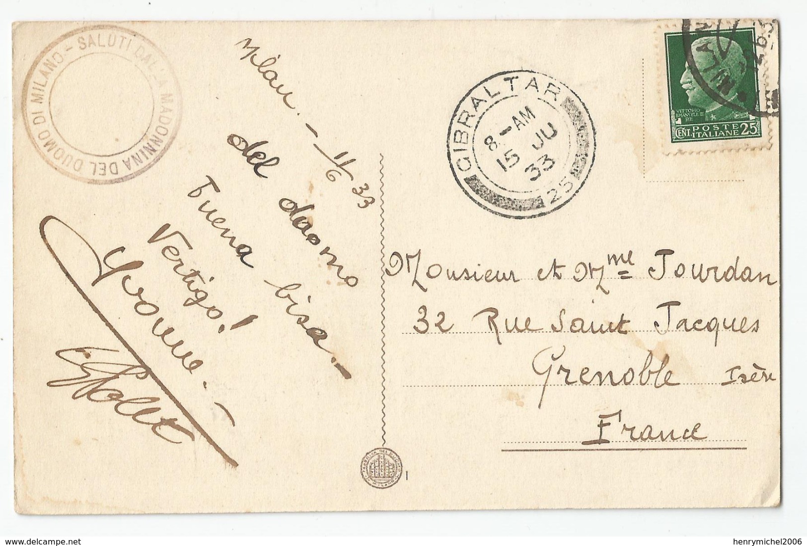 Marcophilie  -italia Italie Italy Milano Pour France Via Gibraltar 1933 - Poststempel