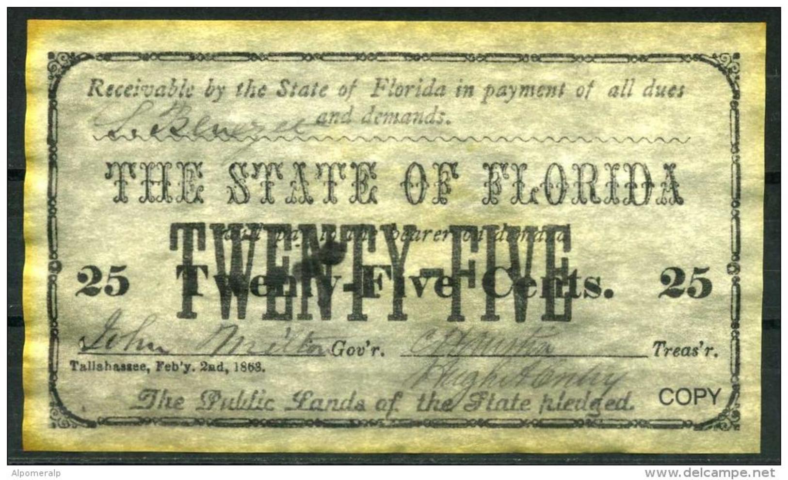 25¢ Florida 1863 - Confederate Paper Coins  "REPLICA" - Confederate Currency (1861-1864)