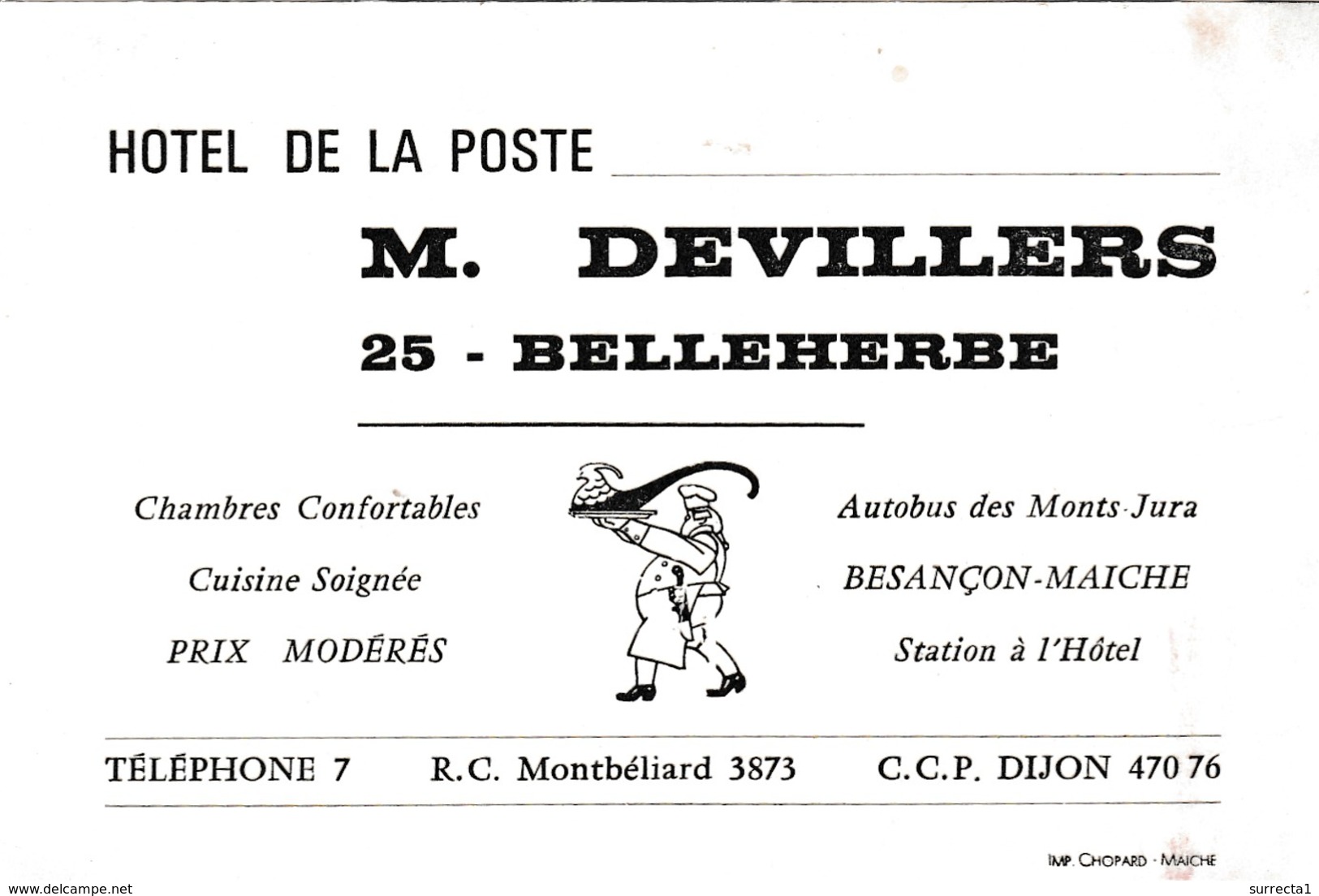 Carte Commerciale Hôtel De La Poste DEVILLERS / Belleherbe 25 Doubs - Autres & Non Classés